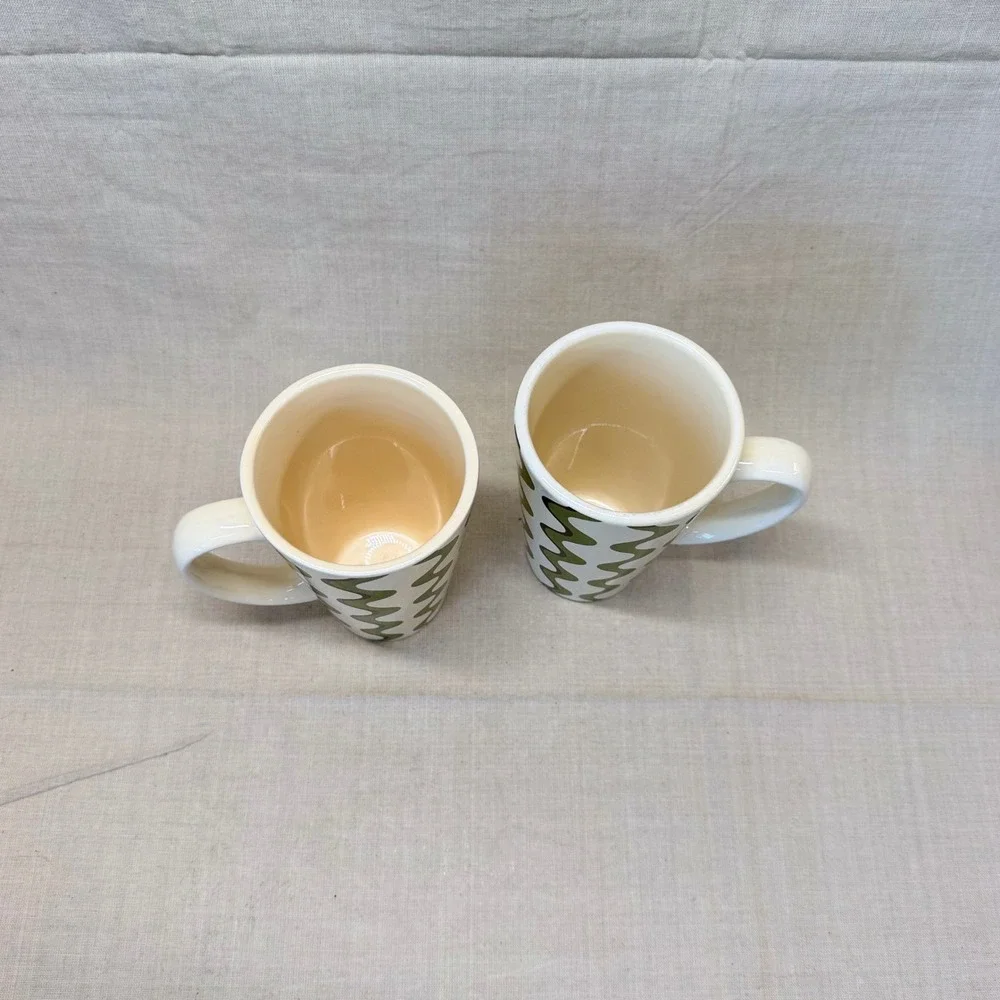 Pier 1 Wavy Mod Ironstone Coffee Mugs Green Brown Cream Set of 2 Retro Style Y2K